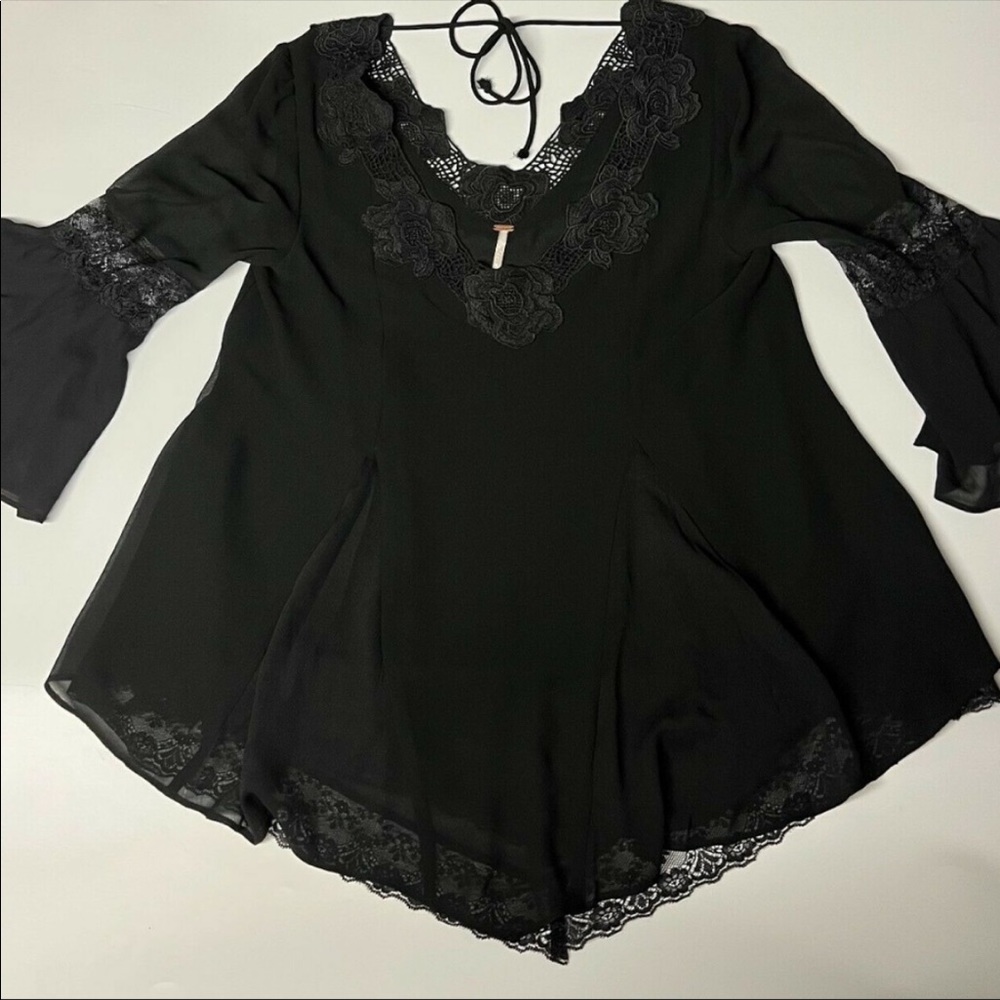 Free People Lace & Embroidered Bell Sleeve Top